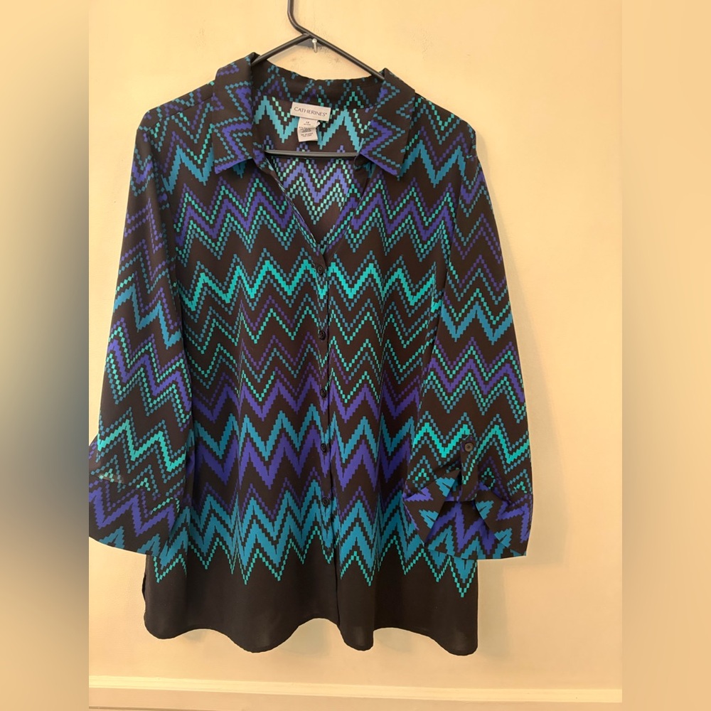 Catherines Women’s Plus Black w Blue Button Up Blouse Sz 1X